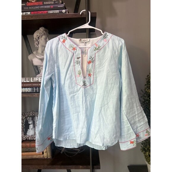 Fanm Mon Justina Linen Embroidered Ocean Blouse Light Blue Womens Size Small - Picture 2 of 8